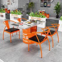 Stainless steel hot pot table Korean charcoal barbecue table Internet celebrity barbecue shop commercial iron table oil barrel table and chairs direct sales