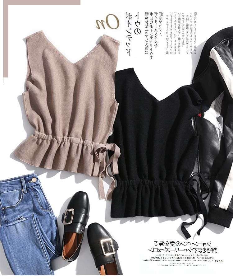 V-collar vest female knitting vest short Han Edition commuted waist thin sleeveless sweater Kan shoulder and autumn new