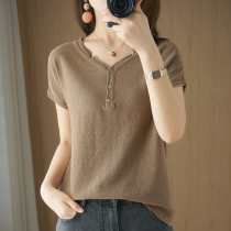 20 new cotton linen knit short sleeve lady v collar pure cotton t-shirt large size Korean version of the undershirt Summer half sleeve blouse