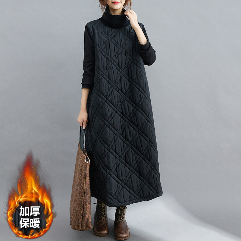 Maggot clip cotton high neckline dress Winter new thickened warm Large code Female dress Less age Knee Long style Bottoms Skirt-Taobao