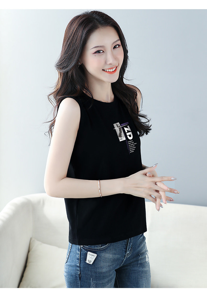 黑色背心打底衫女装印花无袖t恤女宽松大码遮肚显瘦减龄洋气上衣