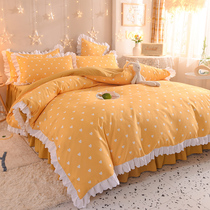 Net red brushed lace non-slip bed skirt four-piece set of simple modern plaid love quilt cover naked sleep four seasons universal style