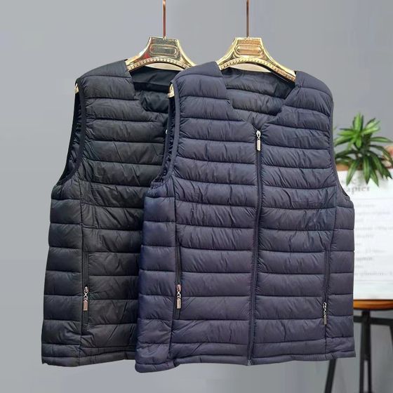 Middle aged and elderly men's vest autumn and winter down cotton vest without collar, cold resistant shoulder, warm and lightweight men's vest Middle aged and elderly men's vest autumn and winter down cotton vest without collar, cold resistant shoulder, warm and lightweight men's vest