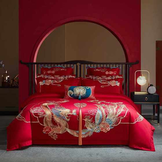 100S long velvet cotton Chinese wedding exquisite dragon and phoenix embroidery four-piece set big red wedding bedding wedding set
100S long velvet cotton Chinese wedding exquisite dragon and phoenix embroidery four-piece set big red wedding bedding wedding set