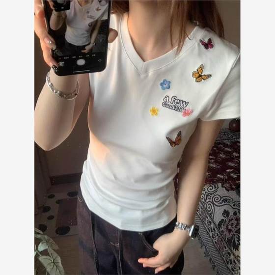 American surround butterfly embroidered flower V-neck short-sleeved T-shirt for women in summer slim sexy hottie short shoulder top American surround butterfly embroidered flower V-neck short-sleeved T-shirt for women in summer slim sexy hottie short shoulder top