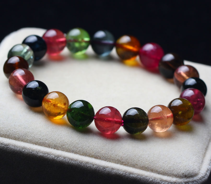 10mm 巴西天然老坑料碧玺手链 色泽浓艳 晶体通透