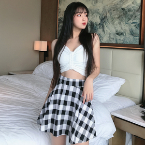 Sexy drawstring Strapless Strapless plaid skirt a two piece suit