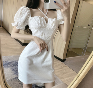 French small white dress off shoulder sexy Bubble Sleeve White off shoulder neck dress summer dress