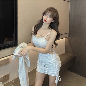 Two piece cardigan of cotton sexy hollow drawstring suspender dress