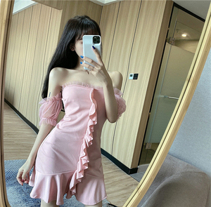 Off shoulder dress spring and summer super fairy sweet slim fit show thin mesh stitching skirt