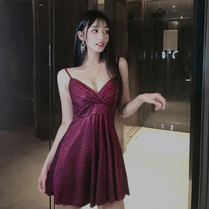 2019 glittering sling V-neck low chest waist elastic nightclub dress