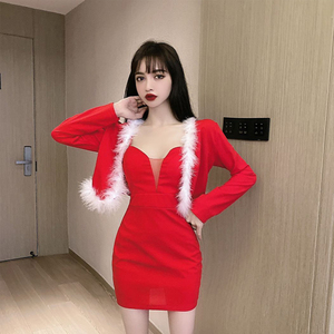 Sexy mesh stitching rabbit hair buttock dress two piece set popular for Christmas and Spring Festival annual meeting