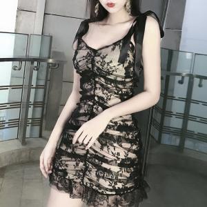 Lace ribbon sling pleated nightclub hip dress