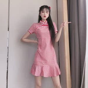 Check cheongsam young girl short dress summer