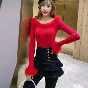 Sexy off the shoulder collar with real wool backing long sleeve Christmas red T-shirt