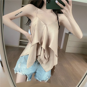 Ruffled suspender vest women’s trendy loose Satin top summer sexy V-neck with underlay