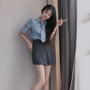College style polo collar Tie Shirt women’s summer contrast ribbon pleated skirt