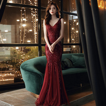 Toast service wine red bride 2021 New fishtail slim wedding atmosphere long noble temperament evening dress women