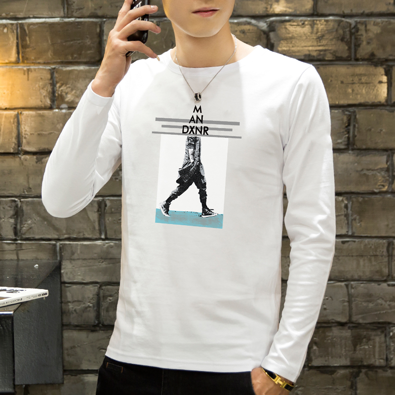 Autumn men's long-sleeved T-shirt trend Korean version pure cotton trend brand white black T-shirt Men's autumn clothes base shirt