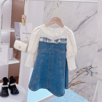Girls dress 2021 Autumn New middle child Korean version of foreign-style denim stitching lace A- line dress