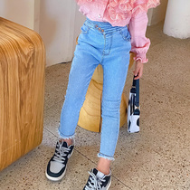 Girls  jeans spring and autumn 2021 new autumn Yangqi Korean edition childrens middle and large childrens high-waisted slim-fitting trousers