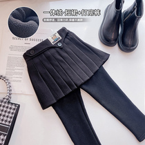 Girls leggings fake two pieces 2021 winter clothes new childrens middle-aged children plus velvet bottoming fake two pieces of skirt pants outside wear