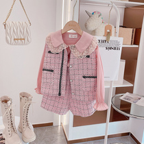 Girl set autumn 2021 New Chinese children Korean version of small fragrant vest shirt childrens shorts three-piece tide