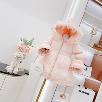 Girls Hooded Lace Down Jacket 2021 Winter New Chinese Children White Duck Pink Warm