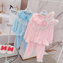 Girls pajamas autumn and winter 2021 new medium-sized children Korean version of foreign style coral coral velvet home clothing set comfortable warm tide