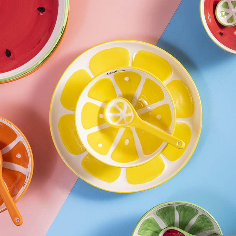 Use of cartoon creative fruit lemon ceramic tableware children home sweet watermelon orange suit single spoon, plate