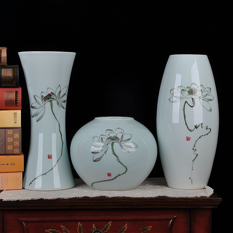 Jingdezhen ceramics vase modern Chinese celadon hand - made three - piece household adornment handicraft furnishing articles