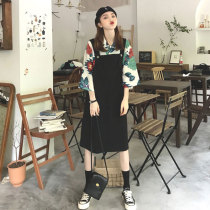 Large size womens early autumn New Port flavor retro set slightly fat MM short sleeve printed shirt strap skirt two-piece set