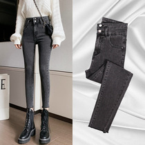 Black small feet jeans womens high waist ankle-length pants elastic thin 2021 new spring and summer clothes plus velvet trousers children