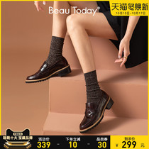 BeauToday spring and autumn rough heels shoes women thick soled leather flat small fragrant wind single shoes British style small leather shoes