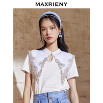MAXRIENY butterfly stand collar white top 2021 summer new women retro short-sleeved T-shirt Western style slim