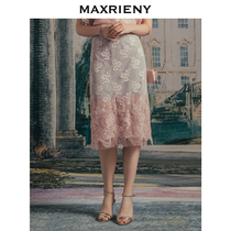 MAXRIENY summer new printed double lace skirt womens high waist fashion stitching striped mid-length hip skirt