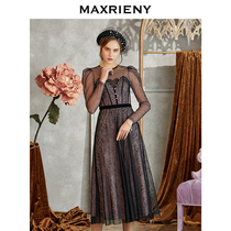 MAXRIENY2020 autumn new slim slim polka dot mesh skirt temperament elegant jacquard lace dress