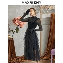 MAXRIENY 2020 autumn new sleeveless temperament cake dress retro black strap starry velvet dress