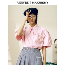 RIENYRE 2021 autumn new short-sleeved shirt bubble pocket bead cat top female design sense niche