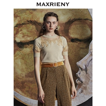 MAXRIENY temperament wild embroidered knitted top short-sleeved slim pullover sweater womens simple section