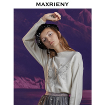 MAXRIENY Gina the same retro round neck embroidered beaded pullover sweater womens slim bottoming sweater short section