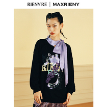 (RIENYRE series)MAXRIENY cat print stitching contrast streamer MEDIUM long LONG-sleeved FEMALE sweater