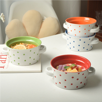 Beauty Blue Ceramics South Korea Ins Storm Spot Binaural Bowl Breakfast Bowl Sweet bowl Home rice bowls Soup Bowl Blemish