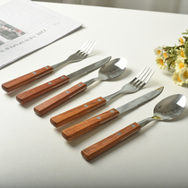 Beauty Blue Ceramic Han Style Inn Wood Handle Stainless Steel Knife Fork Spoon 100 Hitch Sweet Pitchfork Ice Cream Spoon Western Meal Fork Dining Spoon