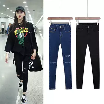 Ripped jeans women's summer 2021 new black high waist slim slim stretch nine-point pencil cigarette tube pants