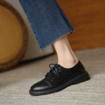 Small leather shoes female Inn Lengfeng 2021 Spring autumn season new flat bottom 100 lap lace with round head black student single shoes