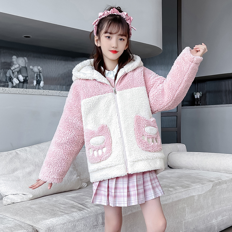 Winter big girl foreign pie thick long sleeve cute bear hooded cardigan Net red lamb jacket girl tide