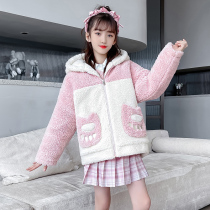 Winter big girl foreign-made thick long sleeve cute bear hooded cardigan Net red lamb jacket girl tide