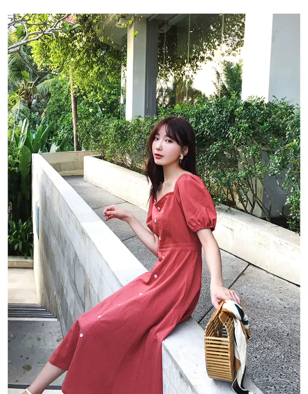 Áo dài voan đỏ nữ Xia Xin mỏng và rất cổ tích Pháp cánh hoa chuông cao eo cánh rừng mối tình đầu - Váy eo cao