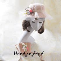 South Koreas new spring and summer retro flat top straw hat flower grass woven bag daughter childrens sun shade sunscreen princess sun hat